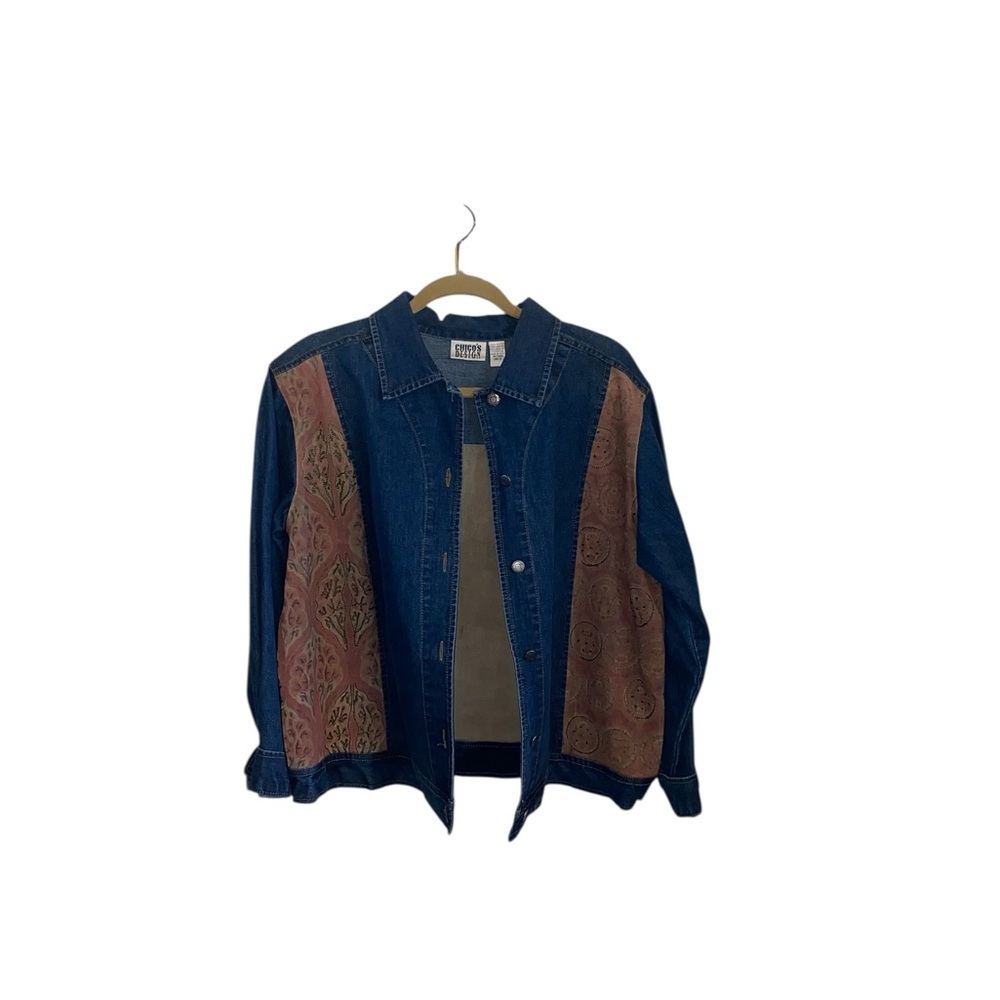 Vintage 90s Chico's Jean jacket suede panels Embroidery Beaded Asian Geisha - Picture 6 of 16